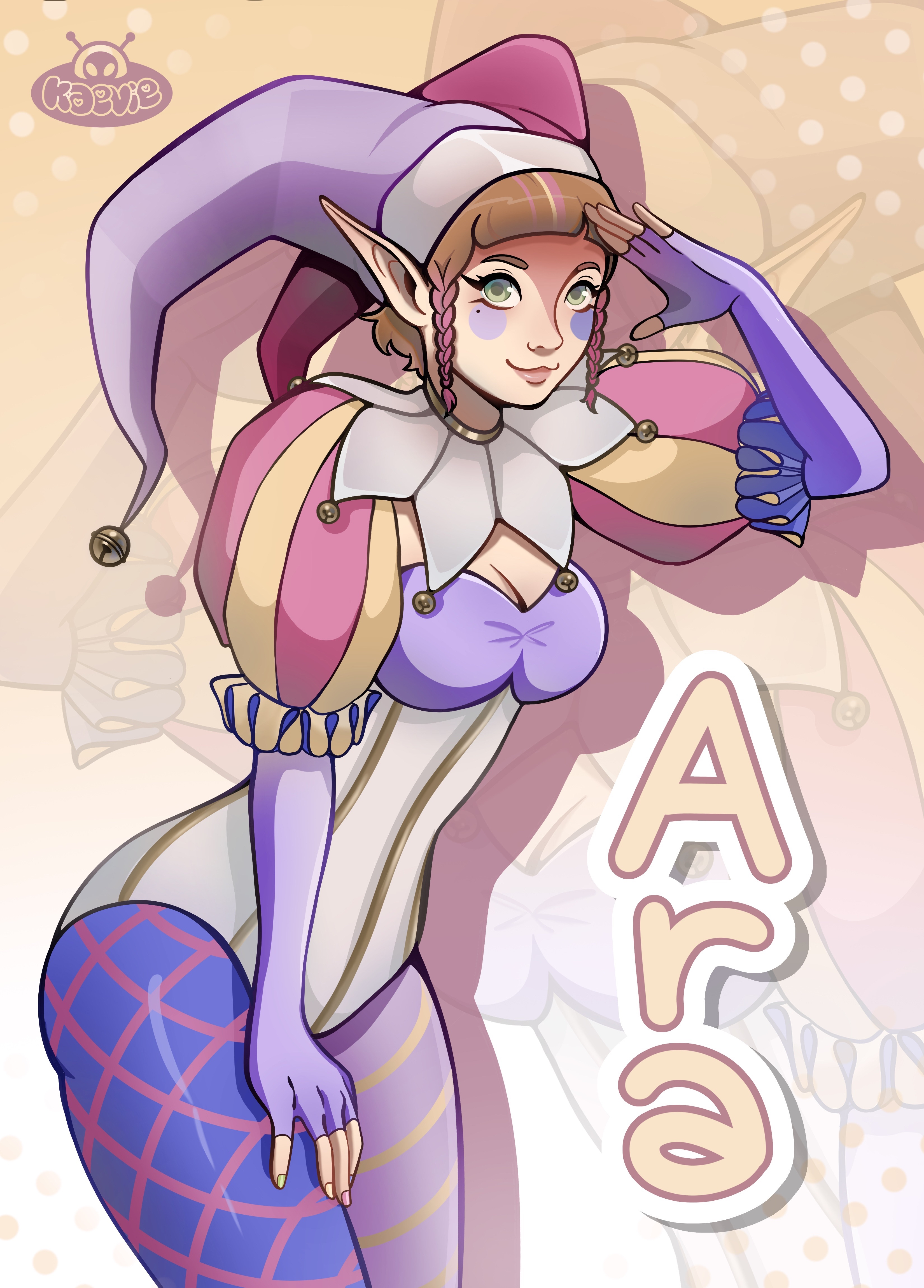 A female elf wearing a jester's costume