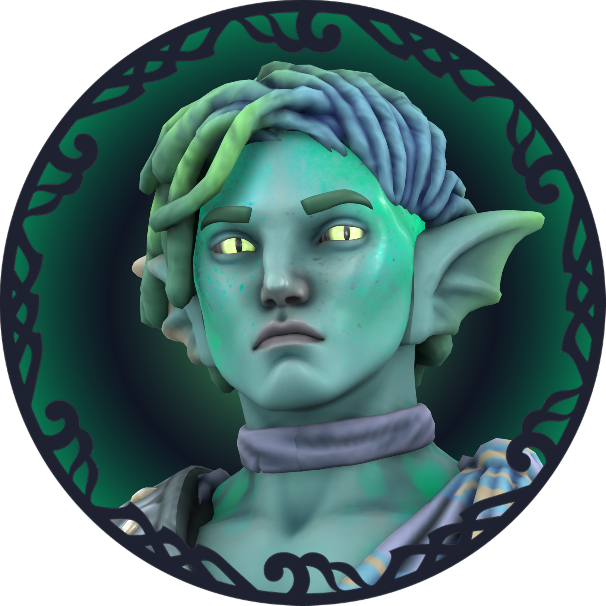 An aquatic human looking at the viewer