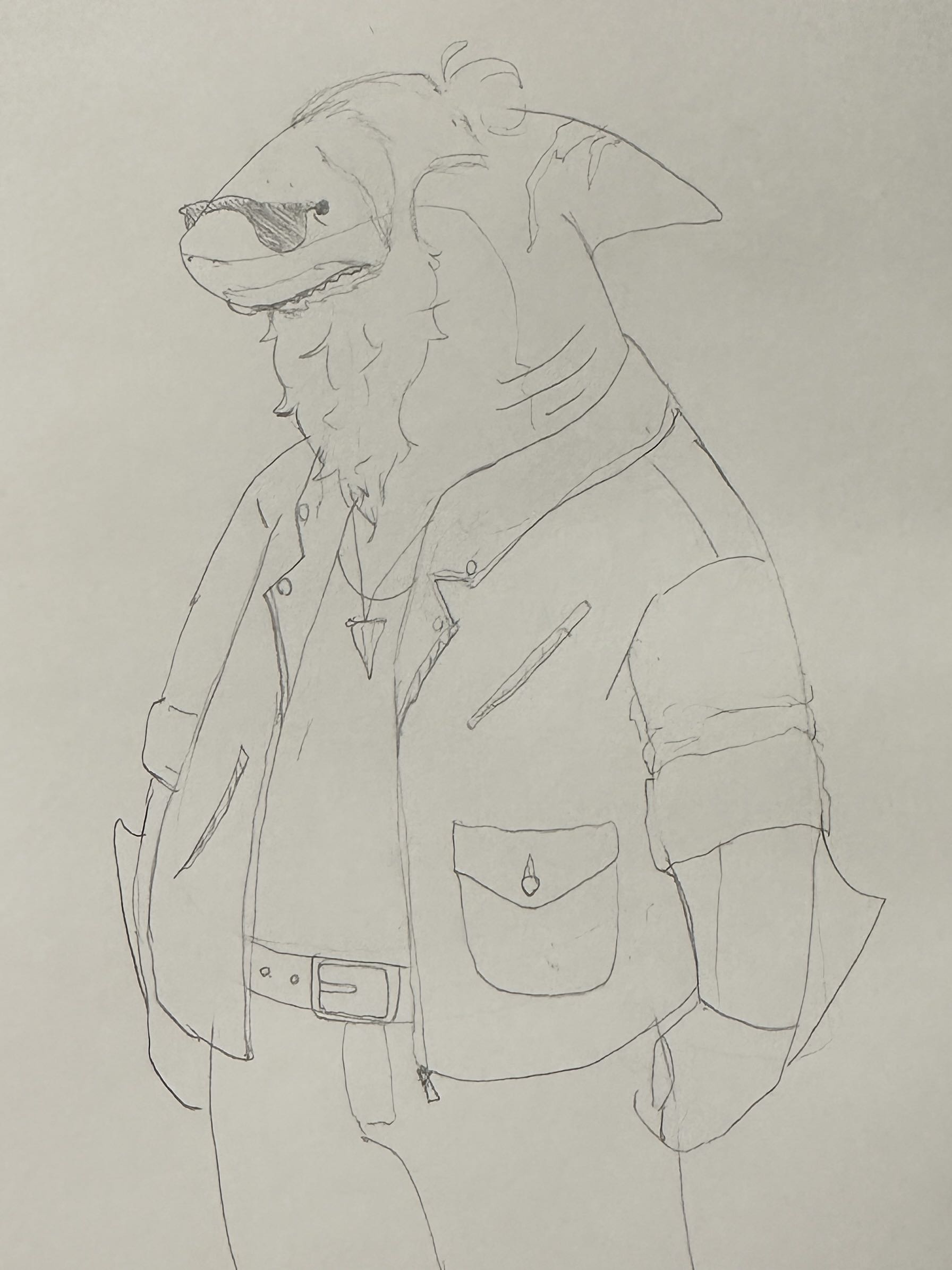 An anthropomorphic shark in biker clothes