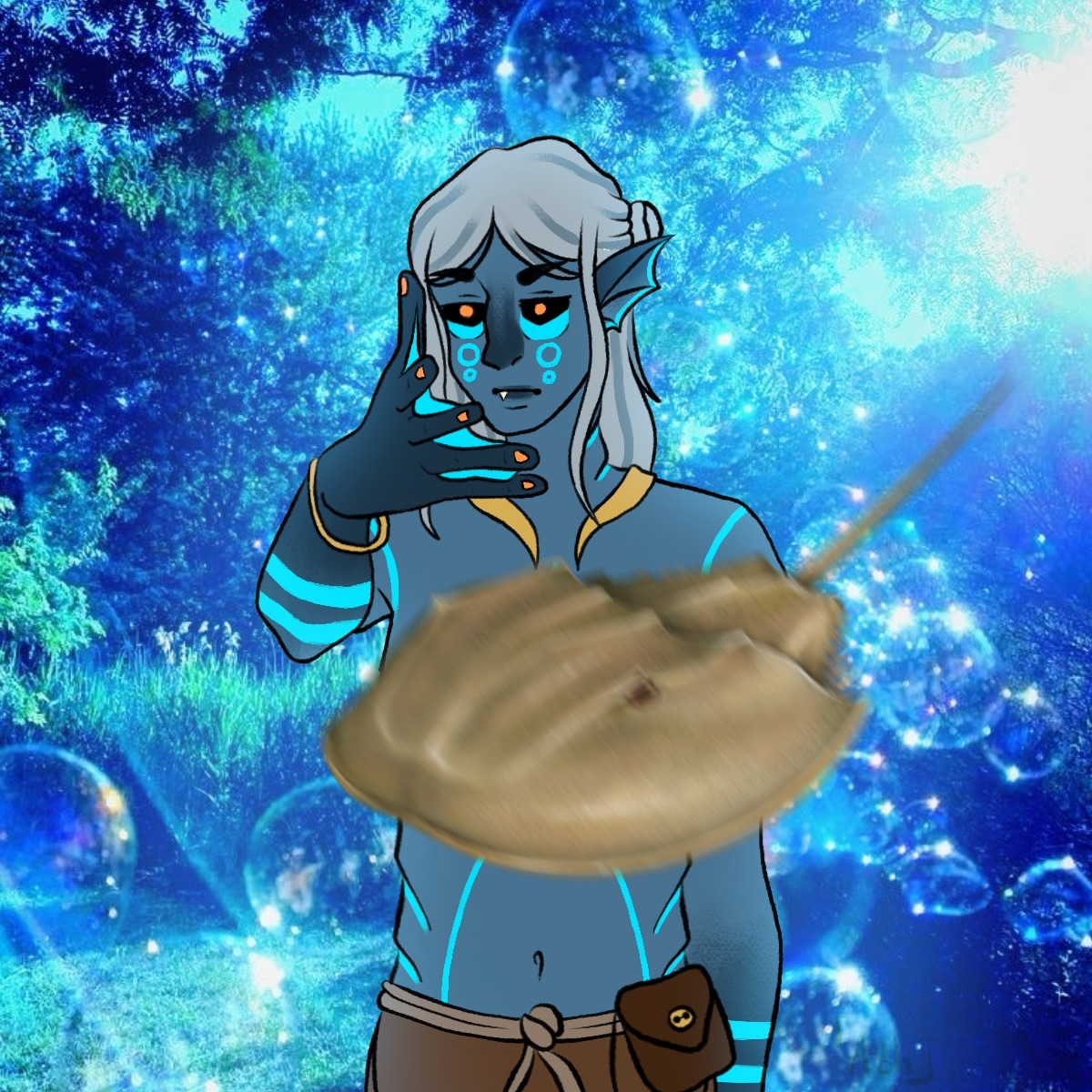 An aquatic human tossing an image of a horseshoe crab