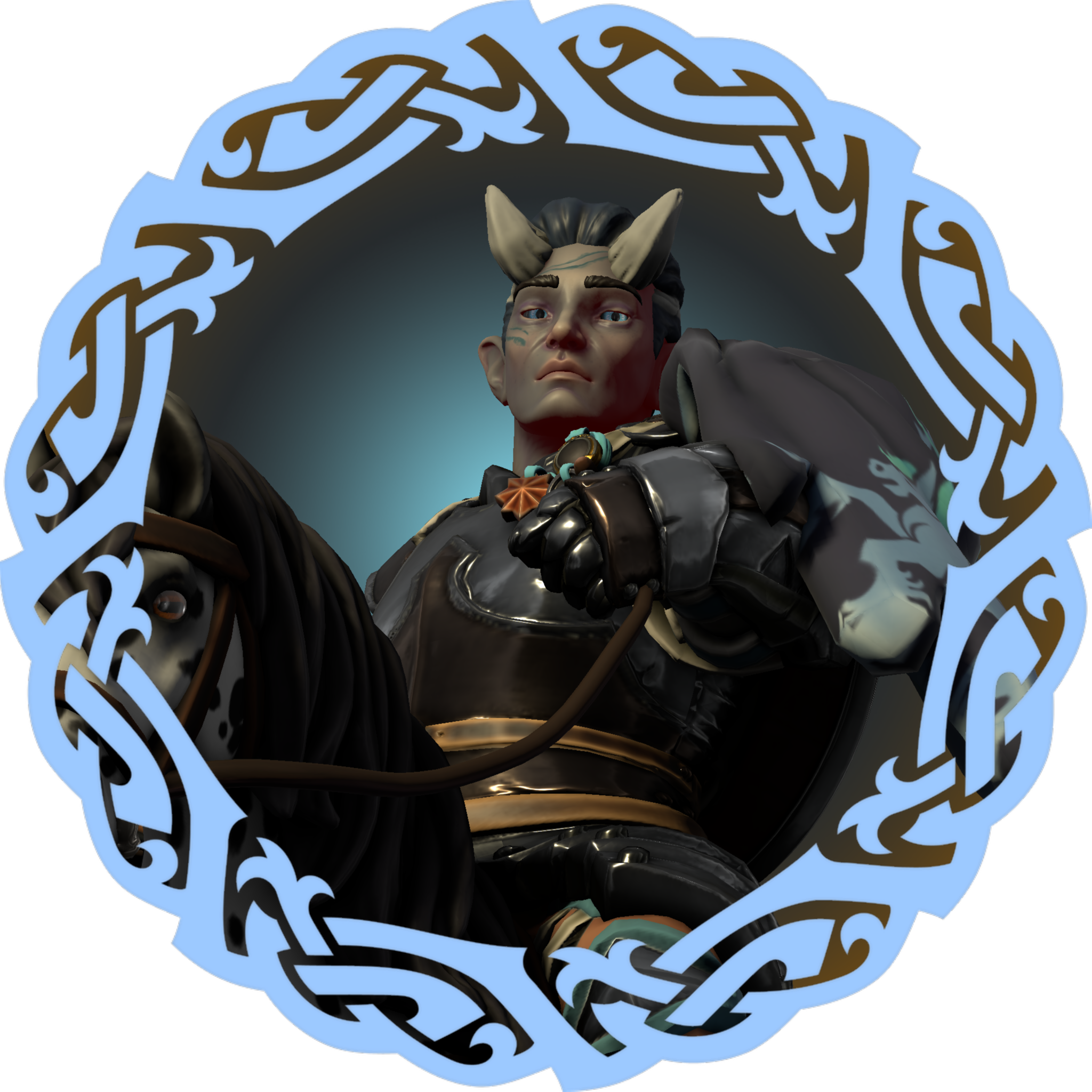 A knight with blue skin and horns looking down from his horse